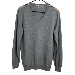 Burberry Gray V-Neck Crewneck Sweater with Check Shoulder Detail